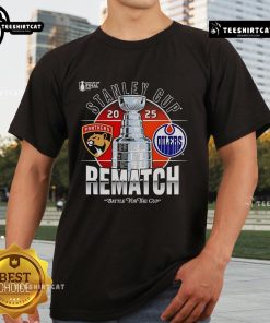 Premium Stanley Cup Final 2025 logo T-shirt featuring Florida Panthers vs Edmonton Oilers rematch design.