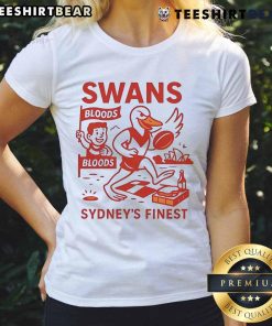 Premium Swans Sydney's Finest cartoon ladies tee featuring colorful swan graphics on a stylish women's shirt.
