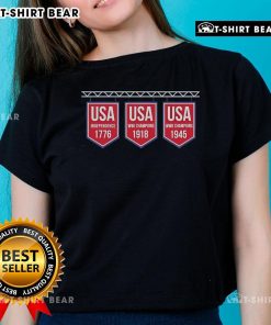 Premium USA Banner Tee for ladies featuring historic dates 1776, 1918, and 1945, perfect for patriotic fashion.