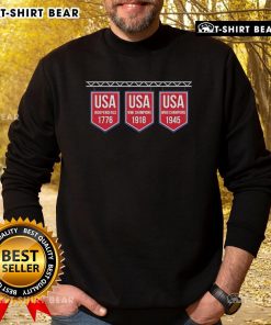 Alt Text: Premium USA Banner Sweatshirt featuring historical years 1776, 1918, and 1945, perfect for patriotic fashion.