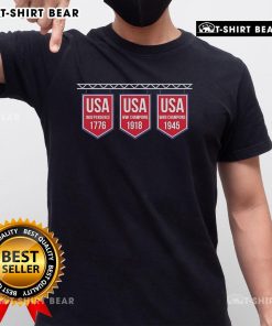Alt Text: Premium USA Banner 1776-1918-1945 T-Shirt featuring patriotic design and historical dates in bold colors.