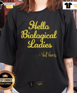 Premium Val Vens wearing Hello Biological Ladies tee, showcasing stylish women's fashion in a vibrant design.