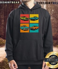Premium vintage classic muscle cars pop art hoodie featuring vibrant graphics and stylish design for car enthusiasts.