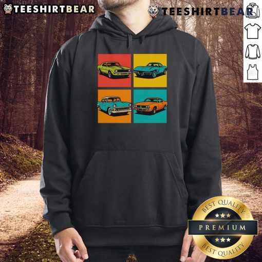 Premium vintage classic muscle cars pop art hoodie featuring vibrant graphics and stylish design for car enthusiasts.