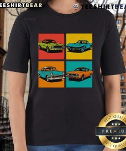 Premium vintage classic muscle cars pop art ladies tee featuring vibrant colors and stylish design for car enthusiasts.