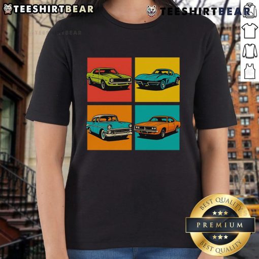 Premium vintage classic muscle cars pop art ladies tee featuring vibrant colors and stylish design for car enthusiasts.