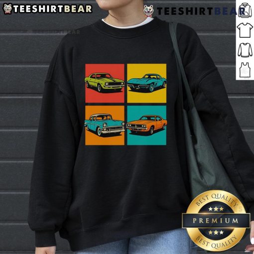 Premium Vintage Classic Muscle Cars Pop Art Sweatshirt featuring vibrant graphics of iconic cars on a stylish design.