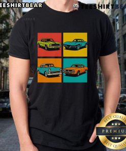 Premium Vintage Classic Muscle Cars Pop Art T-Shirt featuring vibrant designs of iconic muscle cars in bold colors.