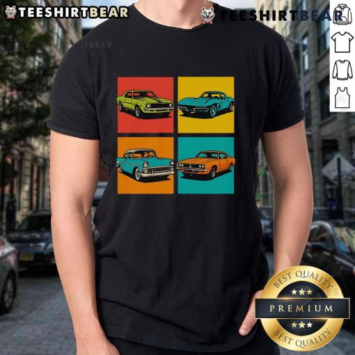 Premium Vintage Classic Muscle Cars Pop Art T-Shirt featuring vibrant designs of iconic muscle cars in bold colors.