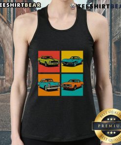 Premium Vintage Classic Muscle Cars Pop Art Tank Top featuring colorful automotive designs for car enthusiasts.