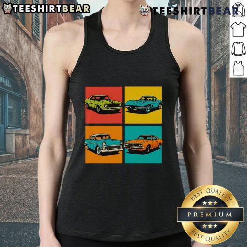Premium Vintage Classic Muscle Cars Pop Art Tank Top featuring colorful automotive designs for car enthusiasts.