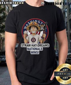 Alt Text: Premium Washington Nationals Monkey D. Luffy Straw Hat Dreams Wins T-Shirt featuring vibrant graphics and team logo.