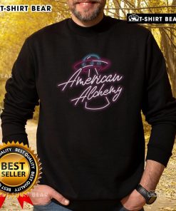 Pretty American Alchemy UFO neon logo sweatshirt featuring vibrant colors and unique graphic design.