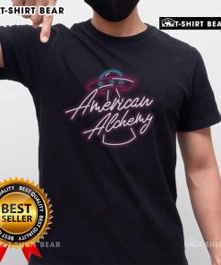 Alt Text: Pretty American Alchemy UFO neon logo T-shirt featuring vibrant colors and unique design for UFO enthusiasts.