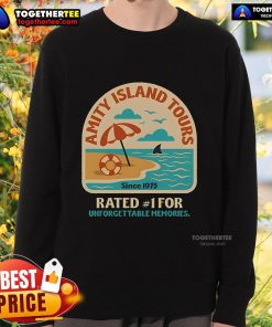 Cozy Pretty Amity Island Tours sweatshirt displayed on a wooden background, perfect for beach lovers and tour enthusiasts.