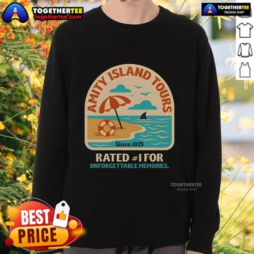 Cozy Pretty Amity Island Tours sweatshirt displayed on a wooden background, perfect for beach lovers and tour enthusiasts.