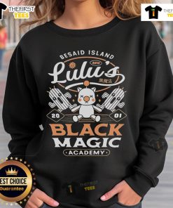Alt Text: Stylish Pretty Besaid Island Lulus Black Magic Academy sweatshirt featuring vibrant graphics and a cozy design.
