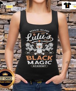 Pretty Besaid Island Lulus Black Magic Academy tank top displayed on a model against a tropical backdrop.