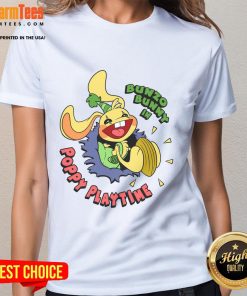 Pretty Bunzo Bunny in a vibrant poppy design on a ladies tee, perfect for playful and stylish outfits.