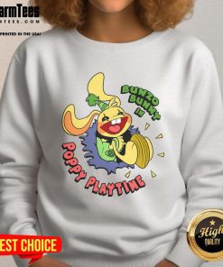 Cute Pretty Bunzo Bunny in Poppy Playtime sweatshirt, showcasing vibrant colors and playful design for fans.