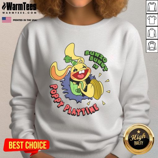 Cute Pretty Bunzo Bunny in Poppy Playtime sweatshirt, showcasing vibrant colors and playful design for fans.