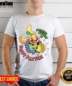 Pretty Bunzo Bunny wearing a Poppy Playtime t-shirt, showcasing vibrant colors and playful design for fans of the game.