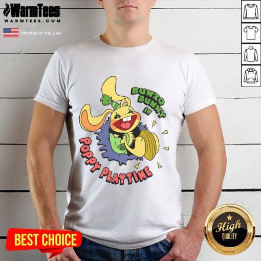 Pretty Bunzo Bunny wearing a Poppy Playtime t-shirt, showcasing vibrant colors and playful design for fans of the game.