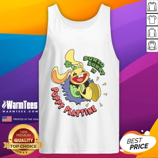 Alt Text: Cute Bunzo Bunny wearing a poppy playtime tank top, showcasing a vibrant design perfect for fans of the game.