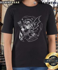 Pretty dark blossom gothic anime girl on a tarot death card design for ladies' tee, featuring vibrant colors and intricate details.