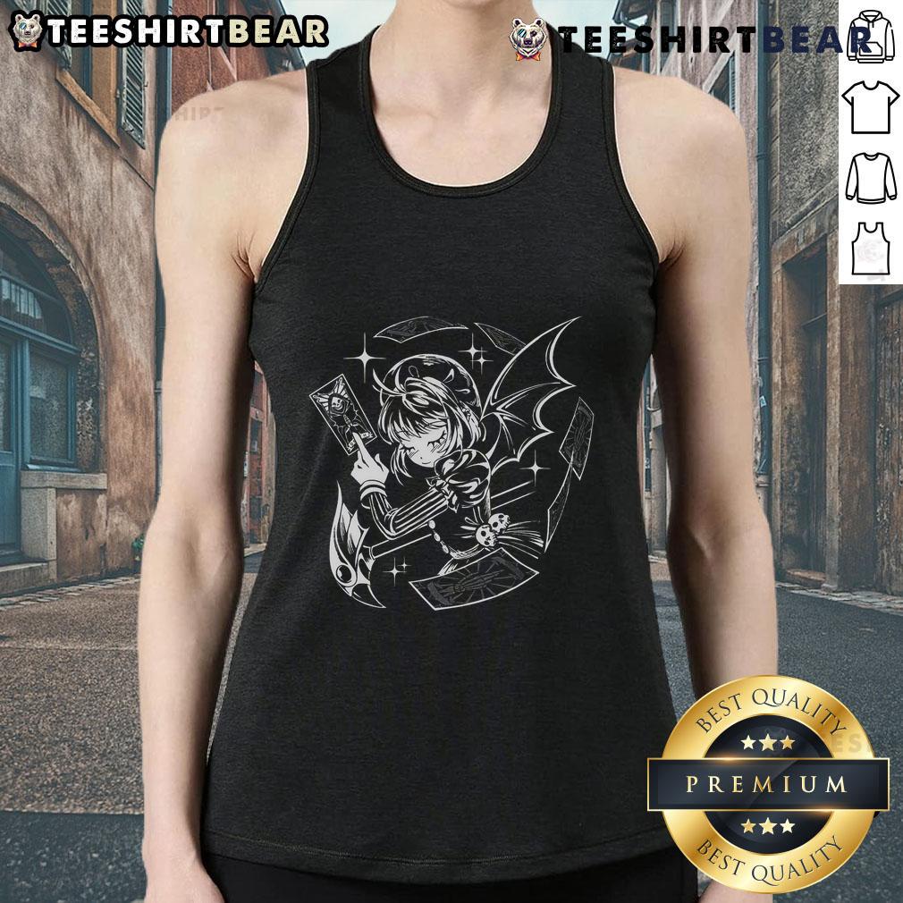 Pretty Dark Blossom Gothic Anime Girl Tarot Death Card Tank Top Alt Text: Gothic anime girl in a dark blossom design on a tarot death card tank top, perfect for alternative fashion fans.