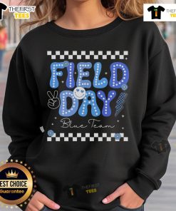 Blue team competition sweatshirt worn during a fun field day trip, showcasing vibrant colors and team spirit.