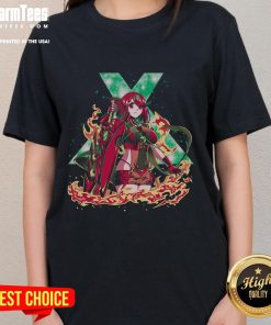 Alt Text: Stylish 'Pretty Forged in Flame' Xenoblade Pyra ladies tee featuring vibrant graphics and comfortable fit.