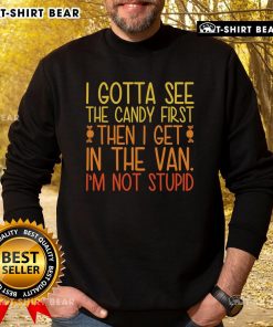 Child in a colorful 'Pretty I Gotta See The Candy First Then I Get In The Van' sweatshirt, smiling with excitement.