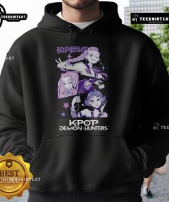 Stylish K-pop demon hunters wearing Huntrix hoodies, showcasing vibrant colors and trendy designs for fans.