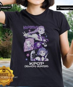 Alt Text: Stylish K-pop demon hunters in 'Huntrix' ladies tee, showcasing vibrant colors and trendy designs for fans.