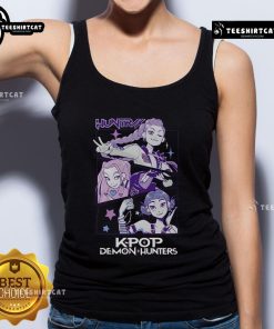 Pretty K-Pop demon hunters in stylish Huntrix tank tops showcasing vibrant colors and dynamic fashion.