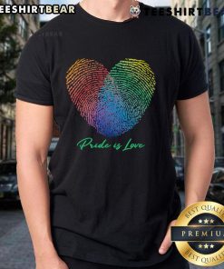 Pretty Pride Is Love Fingerprint Heart T-Shirt featuring a colorful heart design celebrating love and inclusivity.