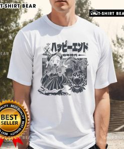 Retro manga scared girl facing a monster with a happy ending on a vibrant T-shirt design, perfect for comic lovers.