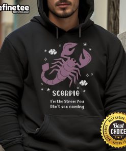 Stylish 'Pretty Scorpio I'm The Storm You Didn't See Coming' hoodie showcasing Scorpio zodiac design and vibrant colors.