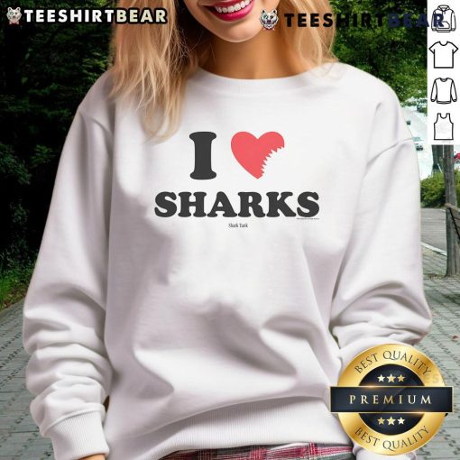 Alt Text: Pretty Shark Tank I Heart Sharks Sweatshirt featuring a stylish shark graphic on a cozy fleece material.