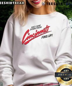 Alt Text: Stylish 'Pretty She Came Down From Cincinnati' sweatshirt in vibrant colors, perfect for casual outfits and fans.