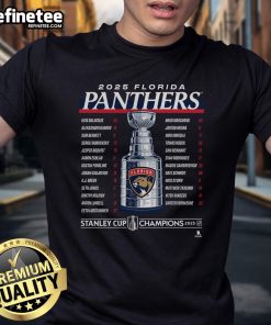 Official Florida Panthers 2025 Stanley Cup Champions Give & Go Roster T-Shirt featuring team logo and player names.