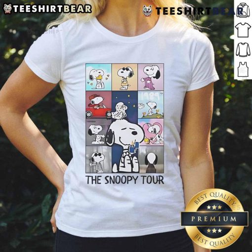 The Snoopy Tour Taylor Eras Tour Ladies Tee featuring vibrant graphics and a stylish design for fans.