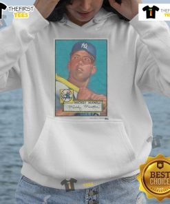 Alt Text: Vintage 1952 Topps Baseball Mickey Mantle Yankees hoodie featuring iconic design for baseball fans and collectors.