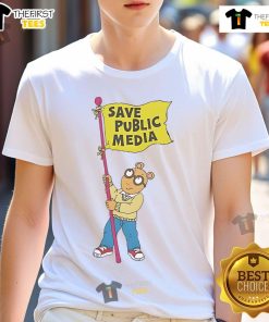 Top Arthur Save Public Media Flag T-Shirt featuring a vibrant design promoting public media support and awareness.