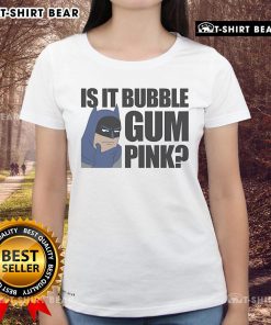 Alt Text: Top Batman Is It Bubble Gum Pink Ladies Tee featuring a vibrant pink design and iconic Batman logo for stylish fans.