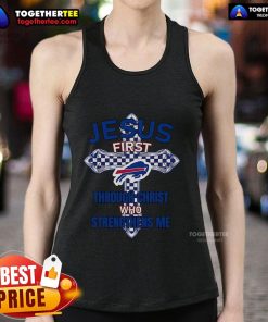 Top Buffalo Bills Jesus 'First Through Christ Who Strengthens Me' tank top in blue, perfect for fans and faith-inspired apparel.