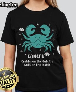 Top Cancer Crabby on the Outside Soft on the Inside Ladies Tee showcasing a playful crab graphic and vibrant colors.