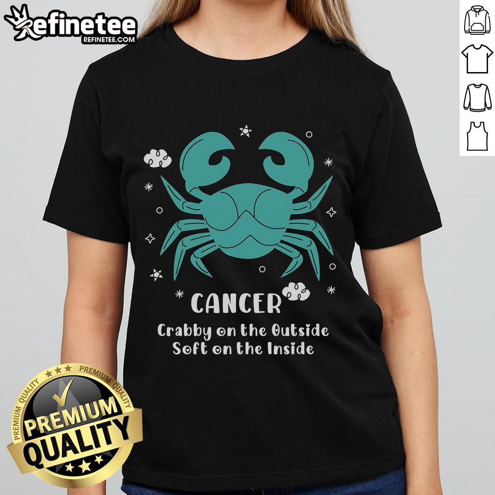 Top Cancer Crabby On The Outside Soft On The Inside Ladies Tee Top Cancer Crabby on the Outside Soft on the Inside Ladies Tee showcasing a playful crab graphic and vibrant colors.