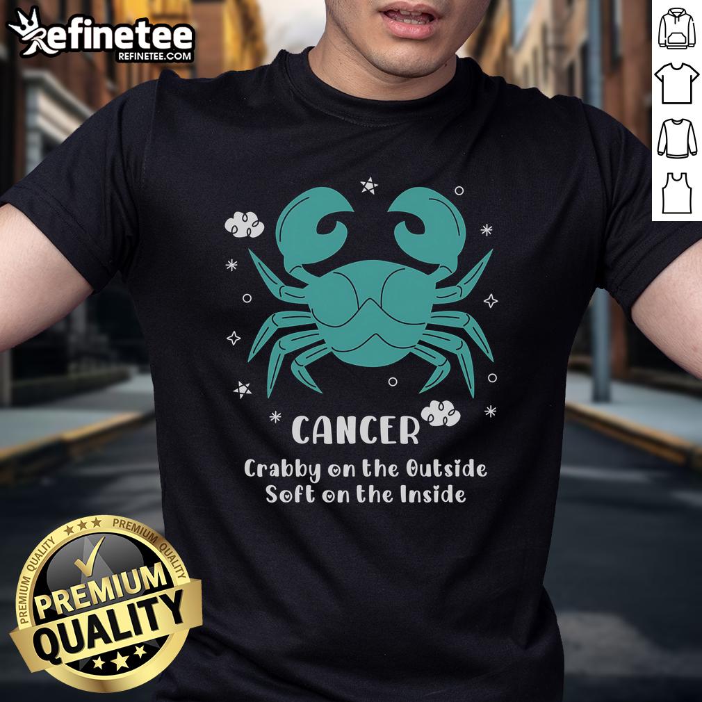 Top Cancer Crabby On The Outside Soft On The Inside T Shirt Alt Text: Top Cancer Crabby On The Outside Soft On The Inside T-Shirt featuring a fun crab graphic and vibrant colors.